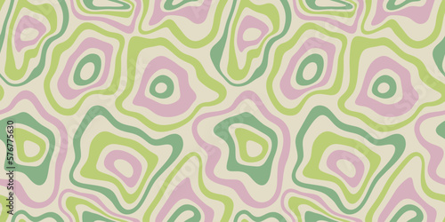 Abstract retro psychedelic seamless pattern illustration with colorful trippy shapes in vintage art style. 60s hippie wallpaper print, groovy melting background design.
