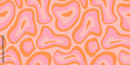 Abstract retro psychedelic seamless pattern illustration with colorful trippy shapes in vintage art style. 60s hippie wallpaper print, groovy melting background design.