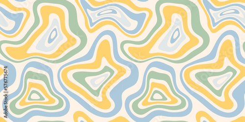 Abstract retro psychedelic seamless pattern illustration with colorful trippy shapes in vintage art style. 60s hippie wallpaper print, groovy melting background design.