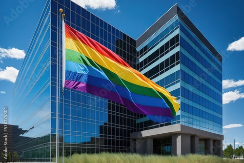 Rainbow Pride flag in front of the corporate headquarters office
