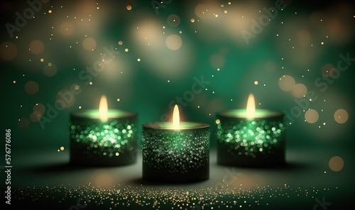  three lit candles sitting on top of a green tablecloth covered tablecloth with a blurry background of gold glitter and boke of lights. generative ai