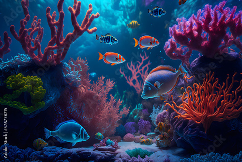Aqua scene with corals and many fish on blue underwater background. Neural network AI generated art photo
