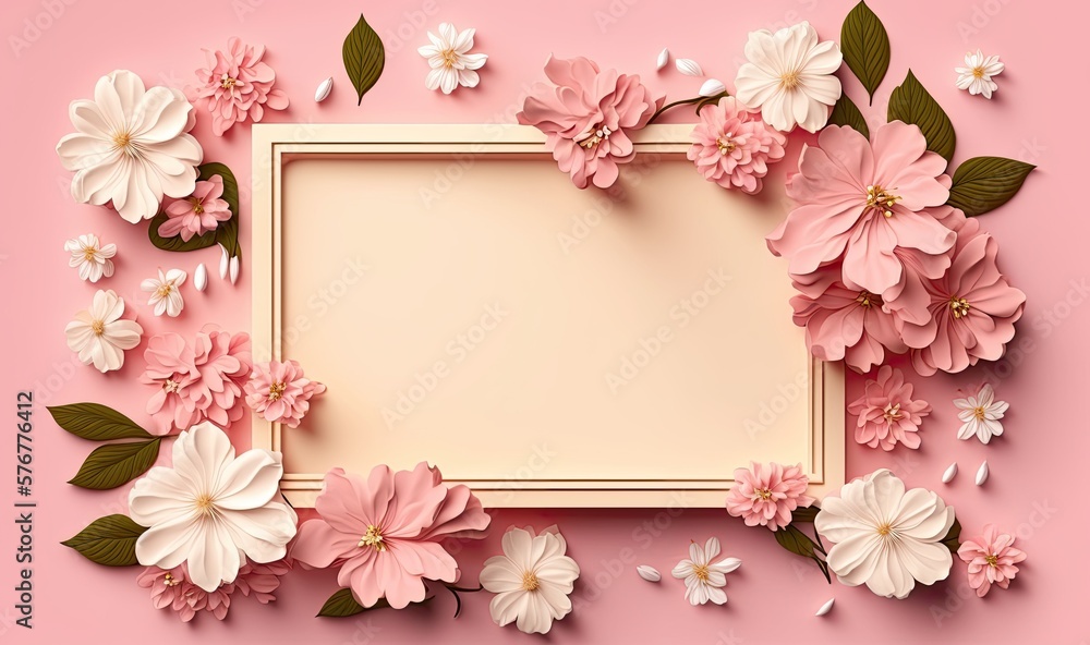 Frame With Spring Flowers on Pink Background. Spring Theme. Generative AI. Frame With Spring Flowers on Pink Background. Spring Theme. Generative AI.