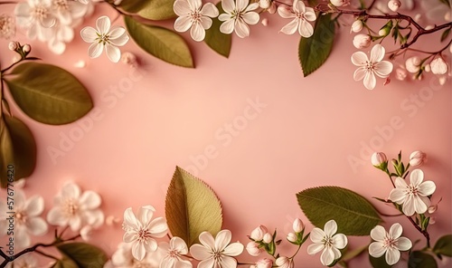 Frame With Spring Flowers on Pink Background. Spring Theme. Generative AI.