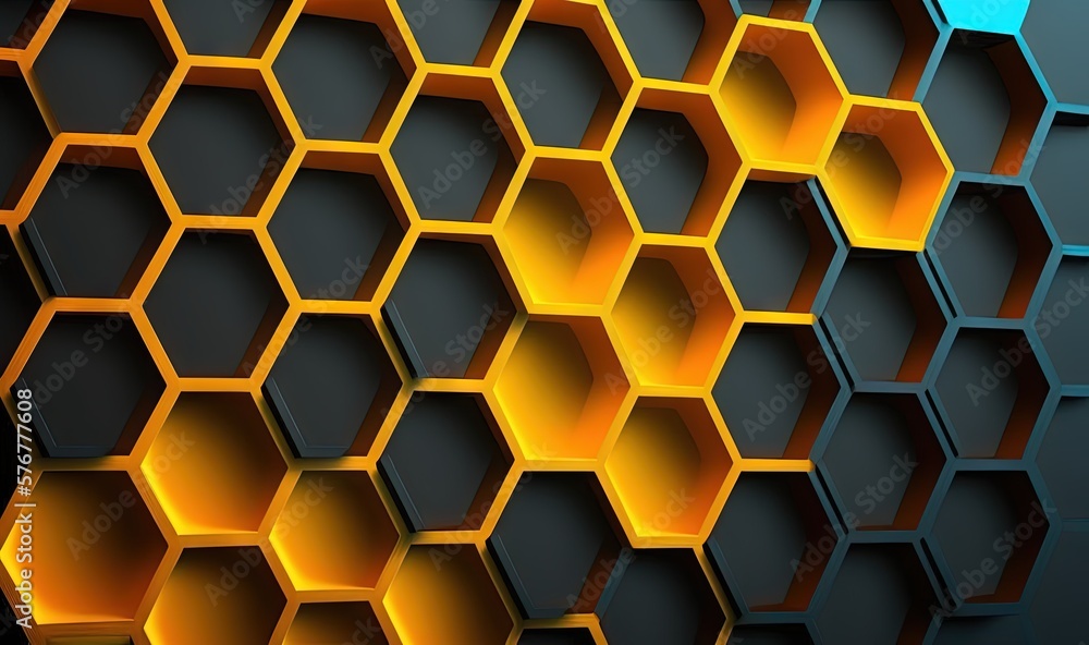 a bunch of hexagons are stacked together on a wall of hexagons that are yellow and blue and black and orange. generative ai a bunch of hexagons are stacked together on a wall of hexagons that are yellow and blue and black and orange. generative ai