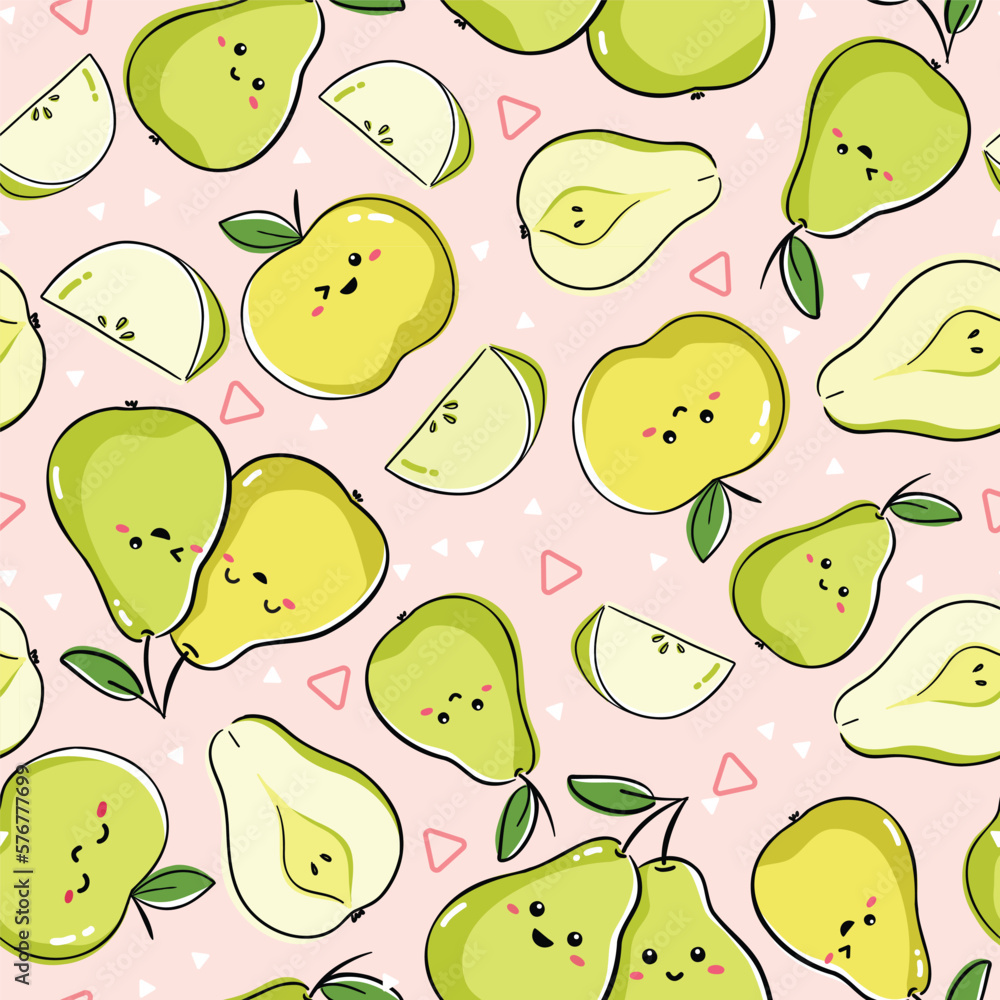 Seamless pattern with kawaii fruits. Hand-drawn vector illustration with apples and pears. Cute pattern design for kids clothes. Seamless pattern with kawaii fruits. Hand-drawn vector illustration with apples and pears. Cute pattern design for kids clothes.