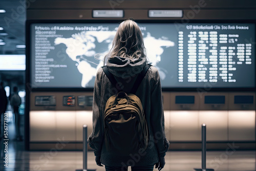 Generative AI Illustration of a young woman from behind looking at the screen with the information of departure and arrival times and flights in an airport