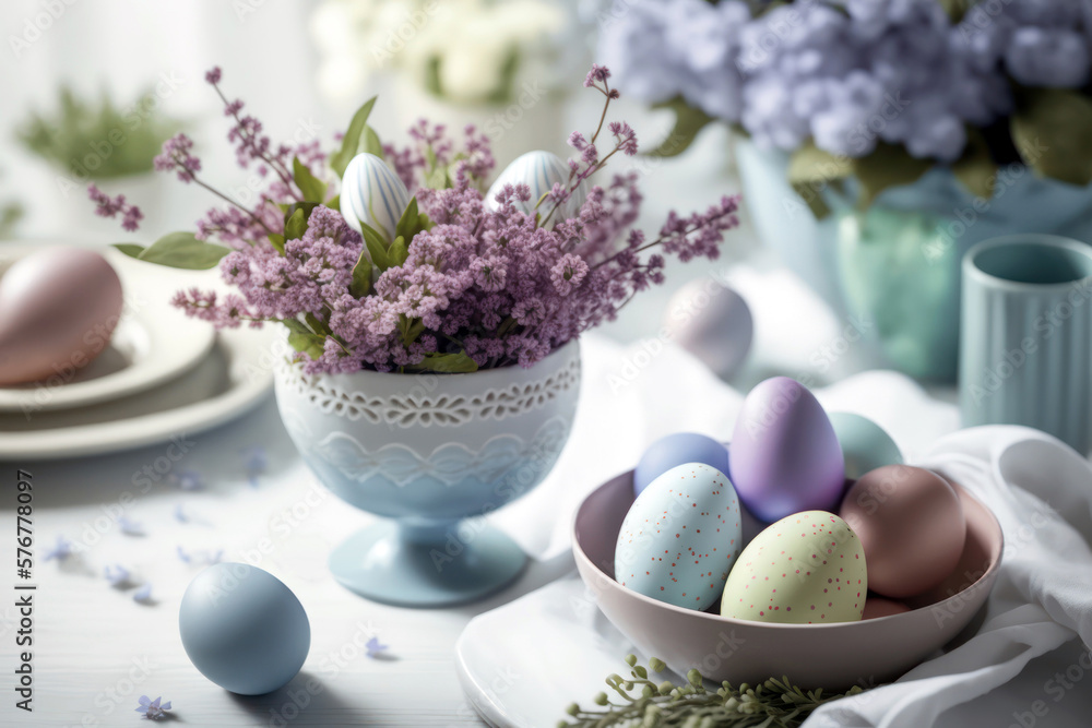 Easter celebration table, Easter eggs and flowers, pastel color table setting close up. Generative AI Easter celebration table, Easter eggs and flowers, pastel color table setting close up. Generative AI