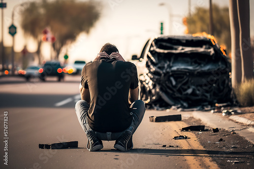 A desperate man sitting on the side of the road in front a crashed car, ai generative illustration