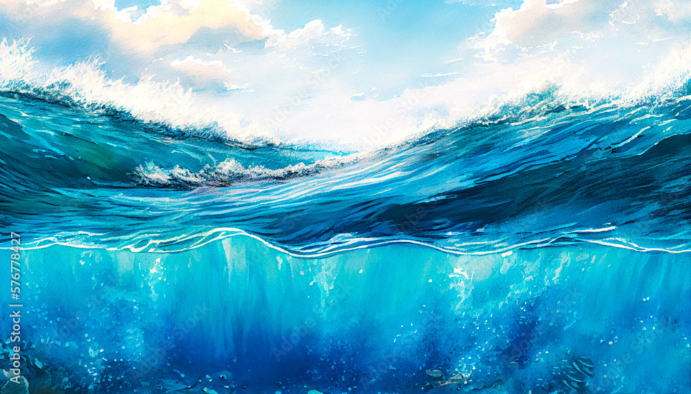 watercolor ocean water surface and underwater, ai generation