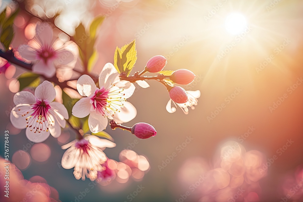 Spring Blossoms Background with Sunlight Bloom. Spring Theme. Generative AI.