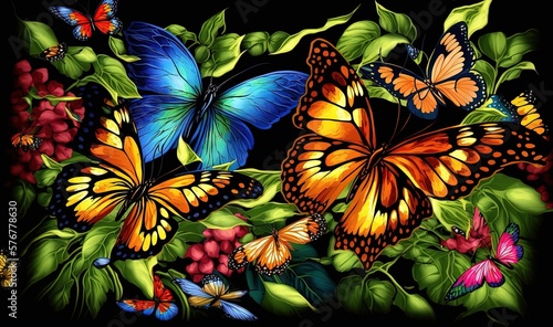  a group of colorful butterflies flying over a lush green plant with red berries and leaves on a black background with a border of green leaves and red berries. generative ai
