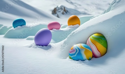  a group of colorful eggs sitting in the middle of a snow covered field with mountains in the background and snow on the ground and snow on the ground. generative ai
