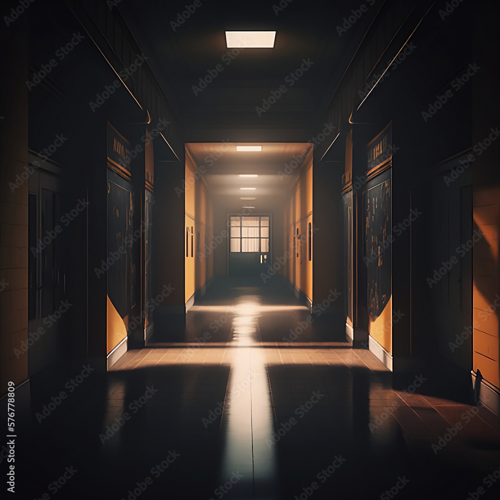 Empty hallway with many doors. Liminal space is a high school hallway dimly lit straight line with an empty centre. many rooms aside.