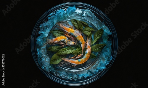  a painting of two fish in a bowl of water with leaves on the bottom of the bowl and a fish in the middle of the bowl. generative ai