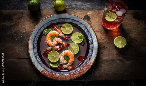  a plate of shrimp and limes with a glass of water and limes on a table with limes and a glass of water.  generative ai