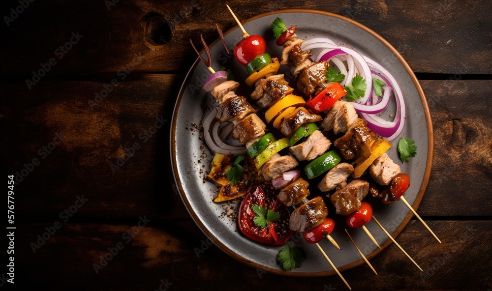 a plate of meat and vegetables on skewers with onions and peppers on a wooden table with a wooden table top in the background. generative ai a plate of meat and vegetables on skewers with onions and peppers on a wooden table with a wooden table top in the background. generative ai