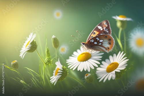 Daisies and Butterfly in Spring Morning, Spring Theme. Generative AI.