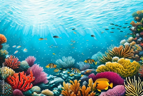 Watercolor Illustration of coral reef with fish. Generative AI