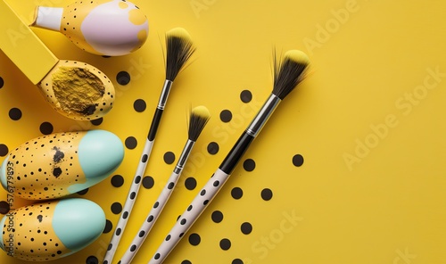  a yellow background with polka dots and a set of three brushes next to a yellow box with polka dots on it and a polka dot dot pattern. generative ai