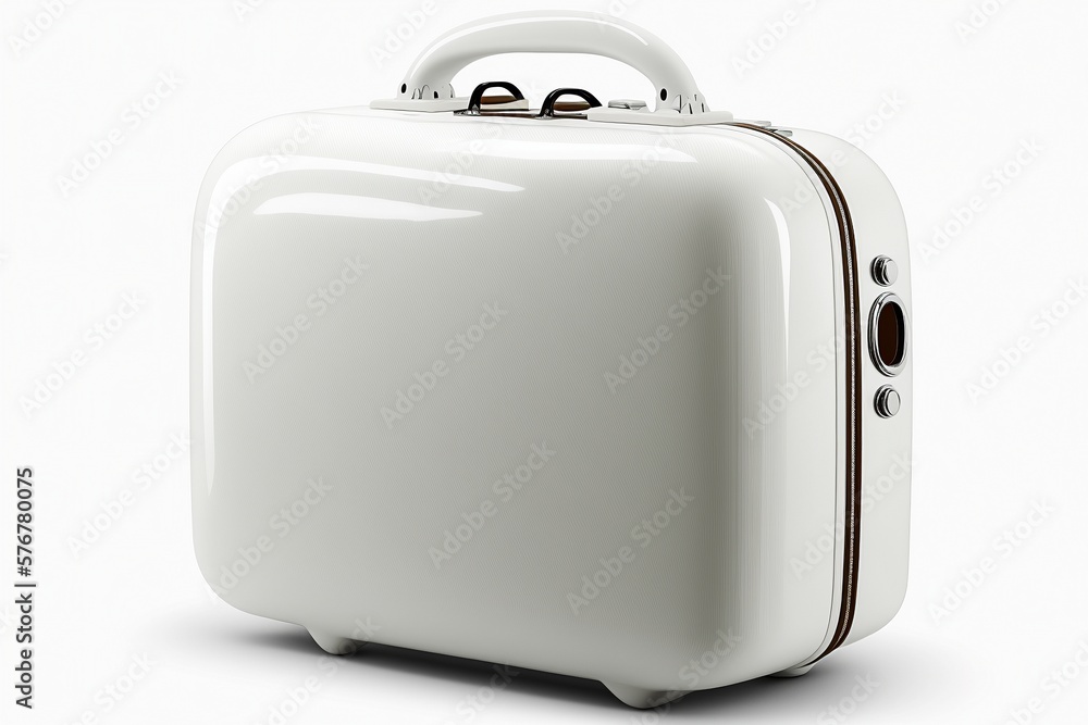 Realistic Plastic Travel Suitcase with Wheels on White Background Realistic Plastic Travel Suitcase with Wheels on White Background