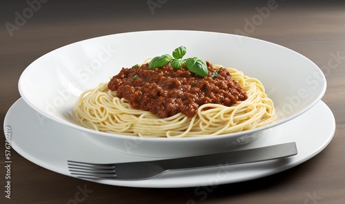  a plate of spaghetti with sauce and basil on a wooden table with a knife and fork on the side of the plate and a fork. generative ai