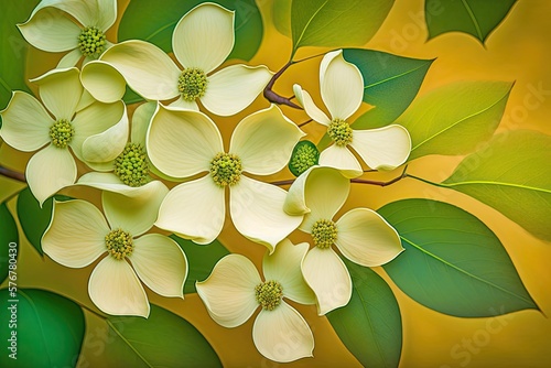 White Dogwood Flowers on yellow Background. Spring Theme. Generative AI.