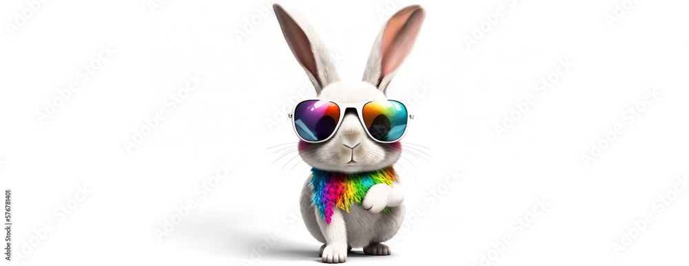 Easter bunny with sunglasses Fabulous Cool rabbit wearing rainbow shades and scarf,  white rabbit on white background with sunglasses. Image created with generative ai. - obrazy, fototapety, plakaty 