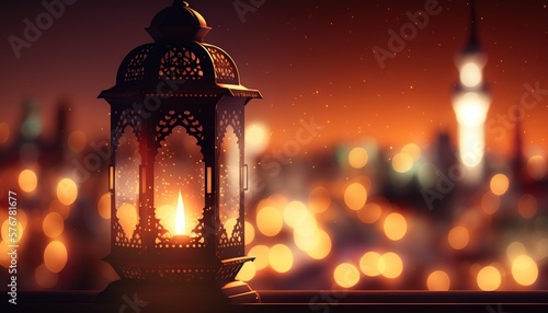 Glowing lantern on background with night arabian city. Ramadan Kareem concept. Generative AI