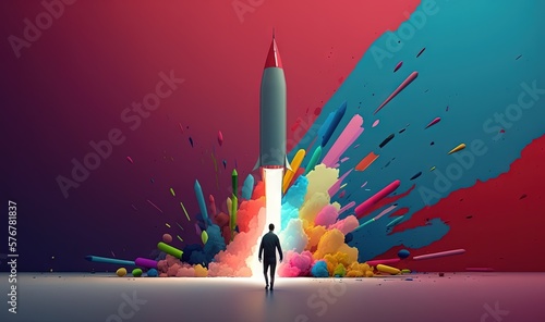  a man is standing in front of a colorful rocket that is flying through the air with a man standing in front of the rocket that is exploding. generative ai