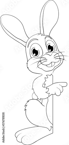 An Easter bunny rabbit cartoon character peeking around a sign