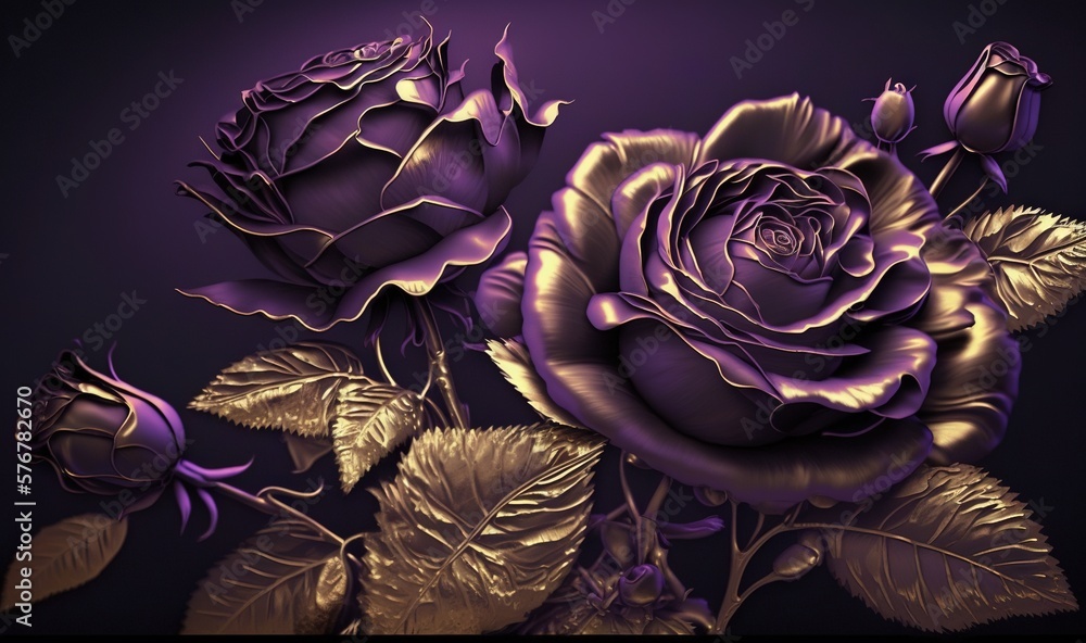 a painting of a purple rose with gold leaves on a black background with a purple  background and a gold rose on the right side of the image. generative ai  Stock Illustration
