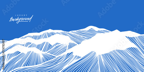 Alpine landscape. Linear Alps with peaks in snow. Banner with mountains. Line art. Linear hills with striped pattern. Minimalist japanese style background design. Vector illustration.