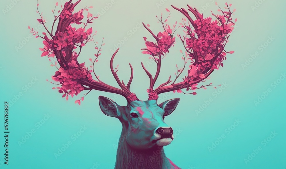  a deer with flowers in its antlers on a blue and pink background with a bird flying above it and a tree with pink flowers in the foreground.  generative ai