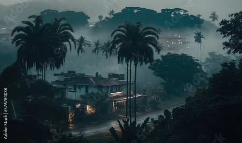  a house in the middle of a forest with palm trees in the foreground and a foggy sky in the background  with a few buildings in the foreground.  generative ai