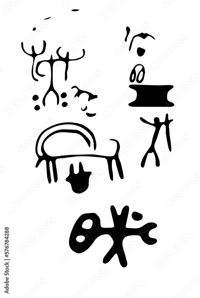 Rock petroglyphs depicting domestic animals in a pasture. Vector illustration of prehistoric rock petroglyphs discovered on the territory of Armenia