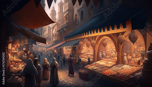 Illustration of eastern busy bazaar in the evening. Open shop and customers. Generative AI photo