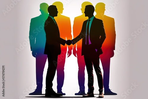 Two businessmen in a business suit in the office. Partners shake hands. Colleagues conclude an agreement. Corporation boss. Company director. Generative art.