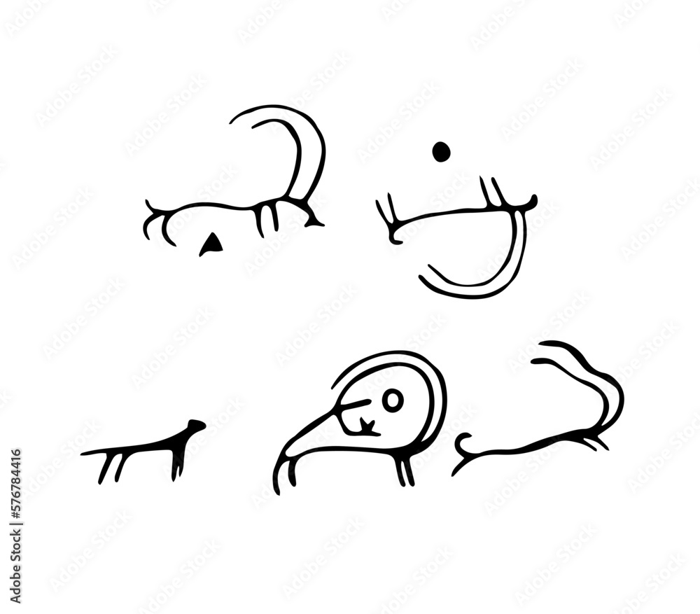 Fototapeta premium Rock petroglyphs depicting predatory attacks on livestock. Vector illustration of prehistoric rock petroglyphs discovered on the territory of Armenia