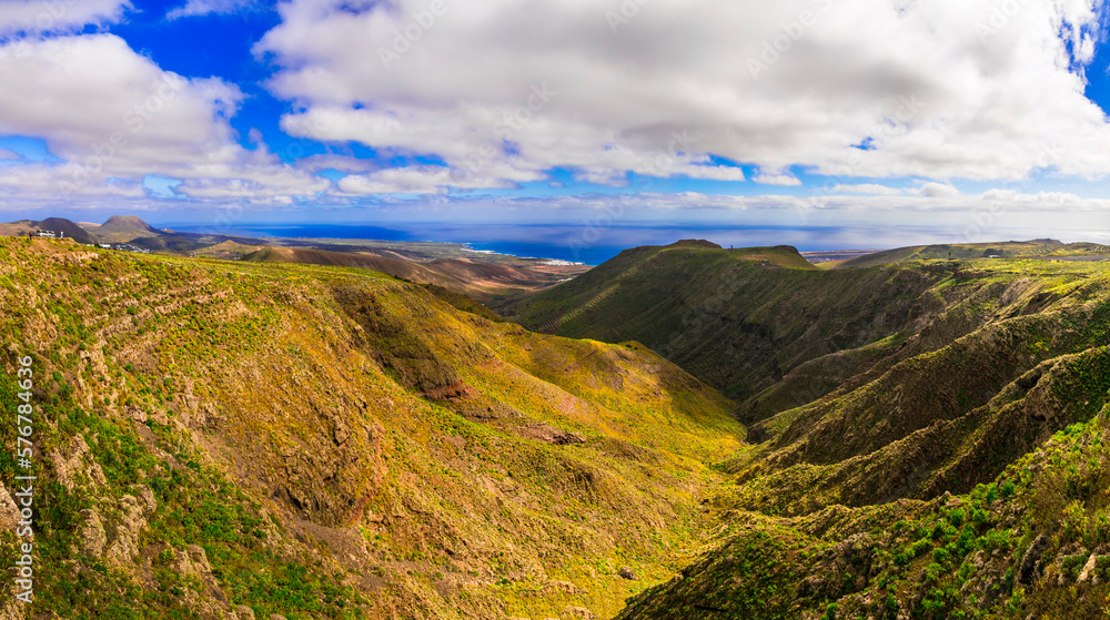 Lanzarote - impressive beauty of volcanic island. beautiful panorama near Haria village. Canary islands of Spain