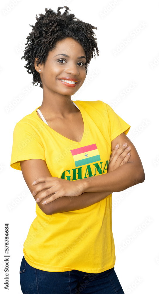 Laughing female soccer supporter from Ghana with yellow football jersey Laughing female soccer supporter from Ghana with yellow football jersey