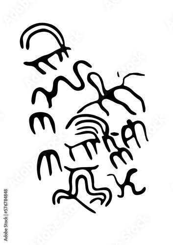 Rock petroglyphs depicting insects and quadrupeds hunting animals. Vector illustration of prehistoric rock petroglyphs discovered on the territory of Armenia