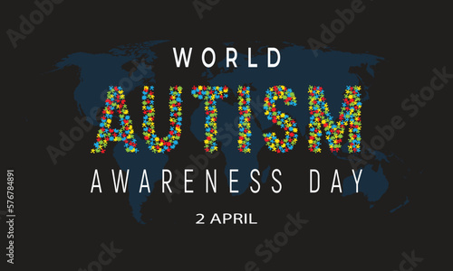 World Autism Awareness Day banner background. The word AUTISM  is made up of colorful puzzles arrangement which symbolize autism. Vector illustration