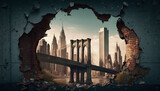 Broken wall with cityscape and Brooklyn Bridge. Generative Ai