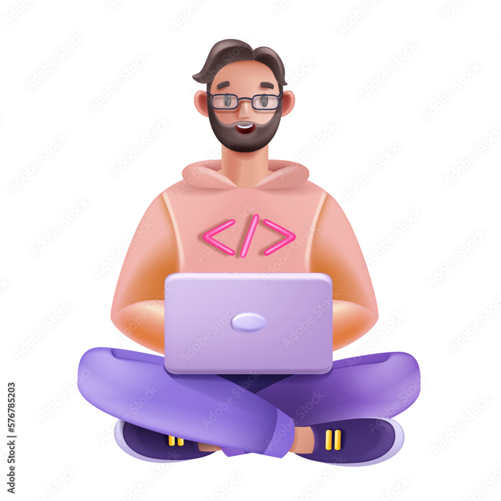 3D man sitting with laptop computer, vector cartoon male character face, glasses, business person. Successful young guy worker, smiling cute student happy funny manager. Office man laptop figure 3D man sitting with laptop computer, vector cartoon male character face, glasses, business person. Successful young guy worker, smiling cute student happy funny manager. Office man laptop figure