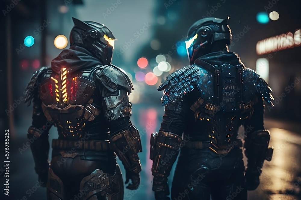 Two sci fi warriors in a rainy setting, fantasy, bounty hunters. generative ai Two sci fi warriors in a rainy setting, fantasy, bounty hunters. generative ai