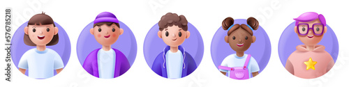 3D kid avatar set, child face icon, vector young school teen boy girl cartoon character, cute smile. Diverse kindergarten head collection, happy student team portrait profile clipart. Kid avatar kit