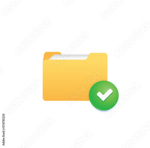 Yellow folder icon design with the green notification button that indicates that syncing is completed. User interface icon design. Vector illustration.