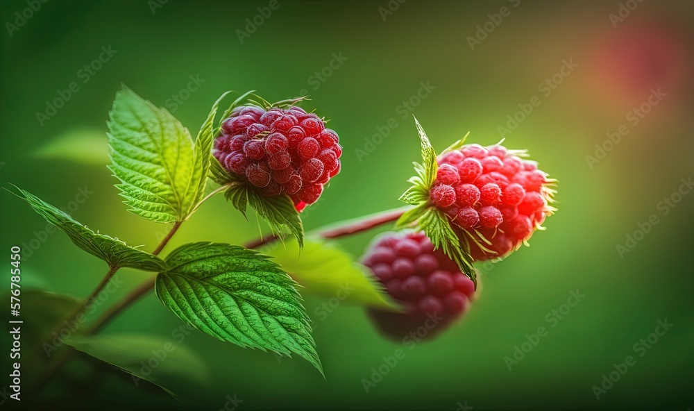 raspberries on a branch with green leaves on a green background with a blurry image of a raspberry in the background. generative ai raspberries on a branch with green leaves on a green background with a blurry image of a raspberry in the background. generative ai