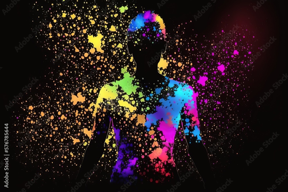 silhouette of a man in splashes of paint, neon glow